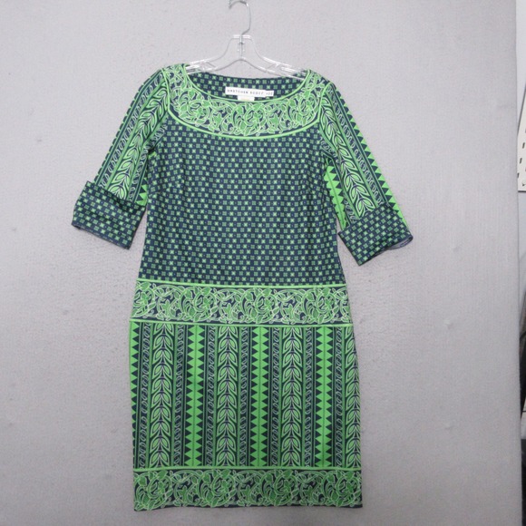 Gretchen Scott Dresses & Skirts - Gretchen Scott Dress Small Green Navy Medallion Tunic Shift Geometric Flip Cuff